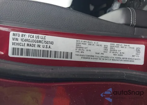 2021 Dodge Durango Gt Plus Awd from USA, damaged, VIN 1C4RDJDG6MC750743